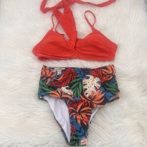 Womens Tropical Print‎ High-Waisted Bikini Set With Orange Twist Top Medium NWT